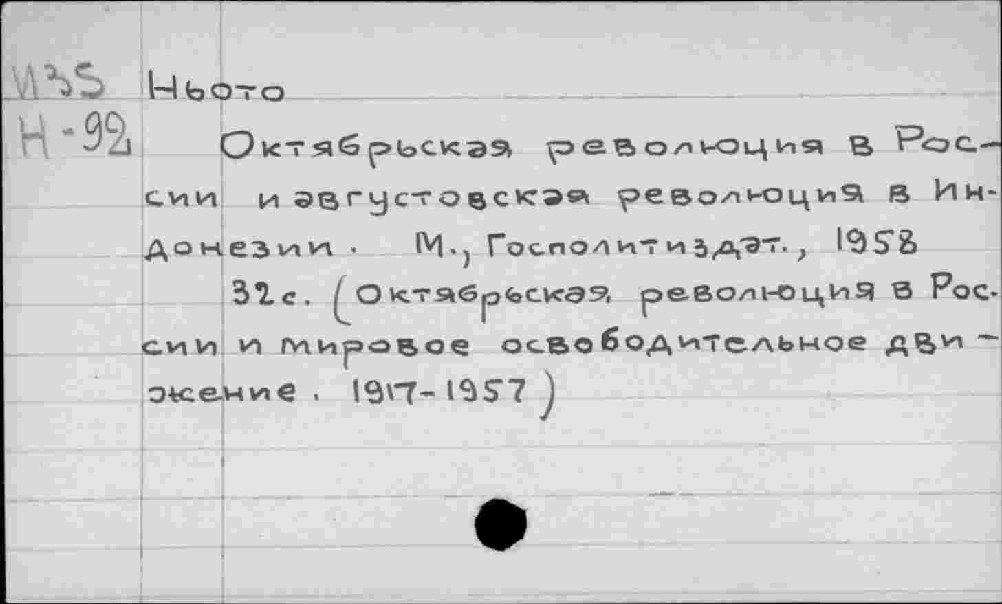 ﻿Октябрьскээ,	в ! ос.—
сии и августовская ревонюциЭ в Индонезии .	1М-) Госполитиз/ц'эт., 1*Э5'£>
32с. ктябрьскаэ, революция в России и типовое освободительное ДВИ-экениб . О'Т- 1Э?7 )